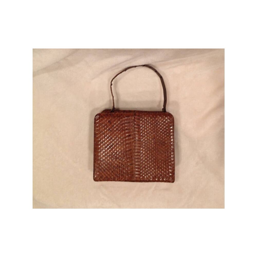 Vintage Brown Snake Print Handbag with Gold Accents Square Top Handle Purse